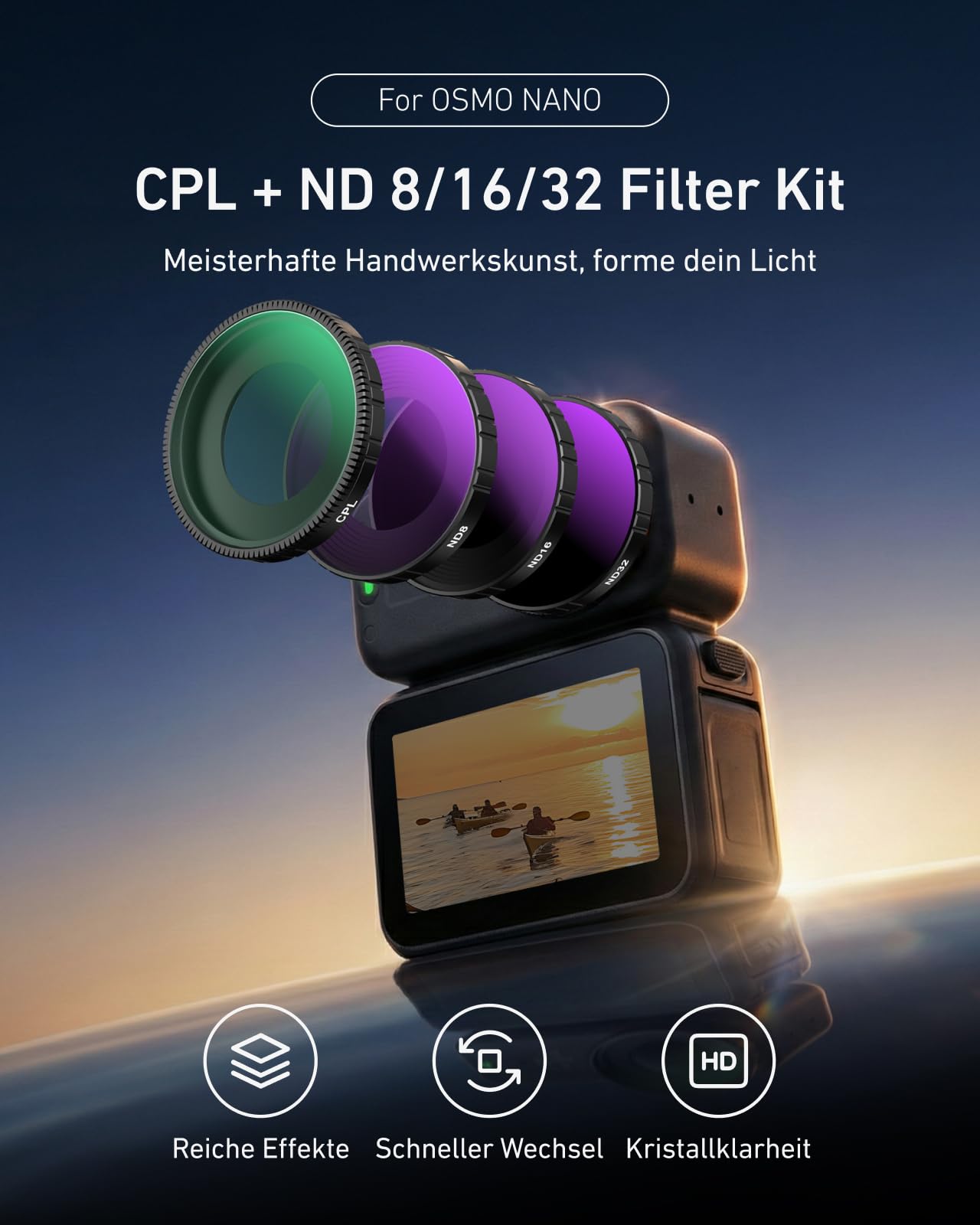 TELESIN CPL ND Filter Set für DJI Osmo Nano, CPL ND8 ND16 ND32 Filter + Schutzglas Display-Schutzfolie, Neutraldichtefilter & Polfilter, HD Optikglas, Action Camera Zubehör für Vlog & Reisen