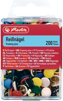 Herlitz 200 Pcs Push Pins in Case Assorted Colours Diameter 9/5 mm