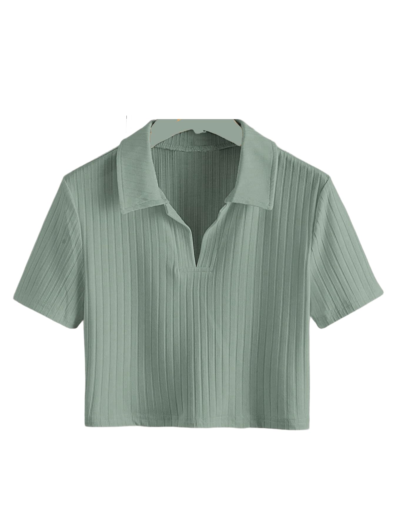 sxv style Women's Ribbed Knit Crop Polo Top, Short Sleeve, Sage Green-picture-18