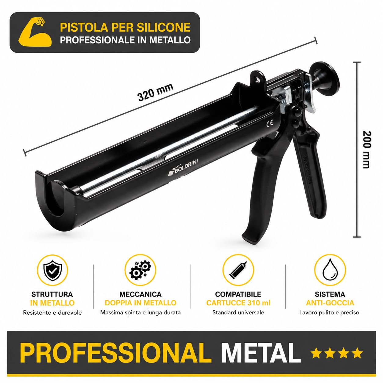 Pistola Professionale per Silicone e Sigillanti – Struttura e Meccanica in Metallo Robusto – Applicazione Controllata – Supporta Pressioni fino a 164 kg – Per Sigillatura Professionale e Fai-da-te