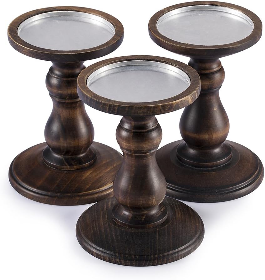 Wood Pillar Candle Holders, Set of 3 Height 6" Candlesticks, Compatible with Diameter 3.5" Pillar Wax Candles or Flameless Candles like Luminara/Air Zuker Brand Candle Rustic Bronze Color