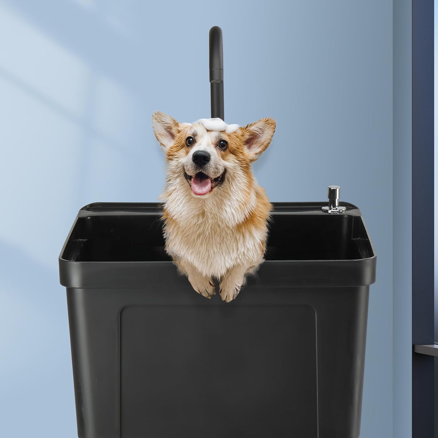 VINGLI Utility Sink Laundry Tub for Washing Room, Freestanding Utility Sink with Stainless Steel Faucet (19.7"W x 18.9"D x 33"H, Black)