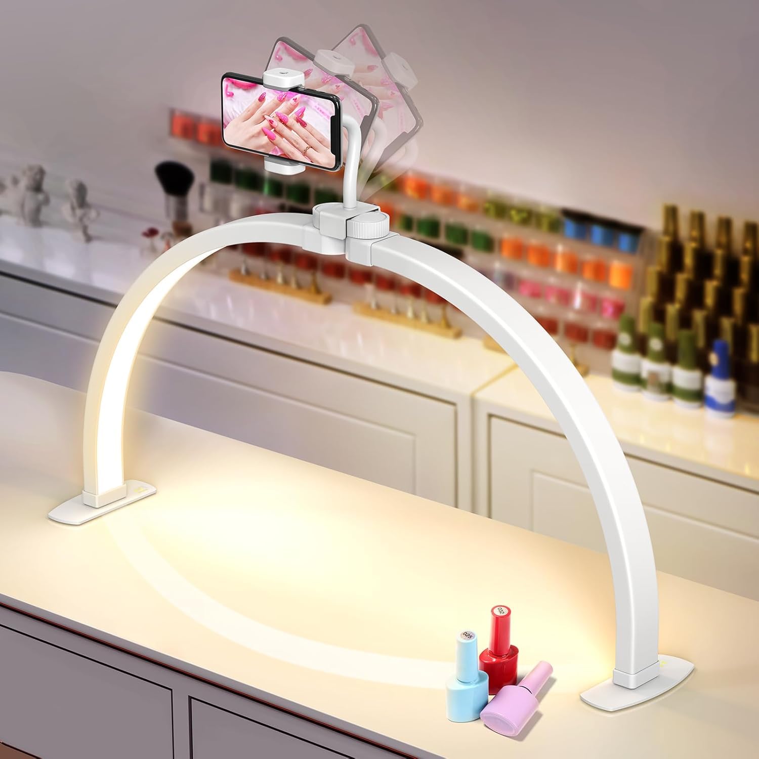 Lampada per unghie a mezzaluna per salone di manicure: lampada LED da tavolo per unghie con 2 ali laterali regolabili per una maggiore luminosità, dimmerabile, pieghevole, con supporto per cellulare