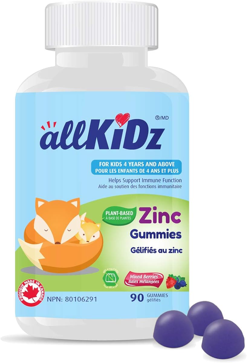 allKiDz allKiDz Zinc Gummies for Kids Children Immunity Support Supplement, Made in Canada, 10mg Zinc per Gummy, Vegan Pectin Plant-based, Natural Fruit Flavours, 90 Count