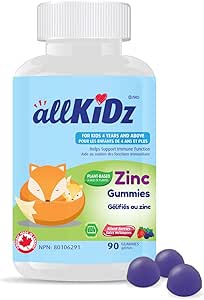 allKiDz Zinc Gummies for Kids Children Immunity Support Supplement, Made in Canada, 10mg Zinc per Gummy, Vegan Pectin Plant-based, Natural Fruit Flavours, 90 Count