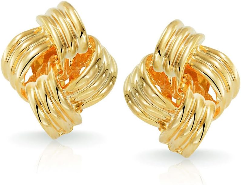 Set of Two Geometric Square Silver Gold Rope Cable Love Knot Clip On Earrings For Women Non Pierced Ears 14K Gold Plated Brass
