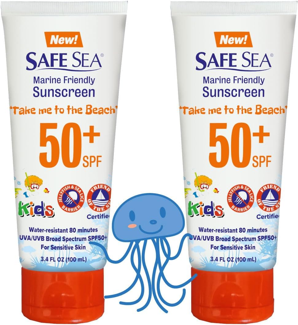 Safe Sea SPF50+ Kids Sunscreen | Travel Size 3.4 oz. | For sensitive skin | anti-jellyfish and Sea Lice sting protective lotion | Coral reef safe sunscreen (3.4 oz. tube 2 pack)