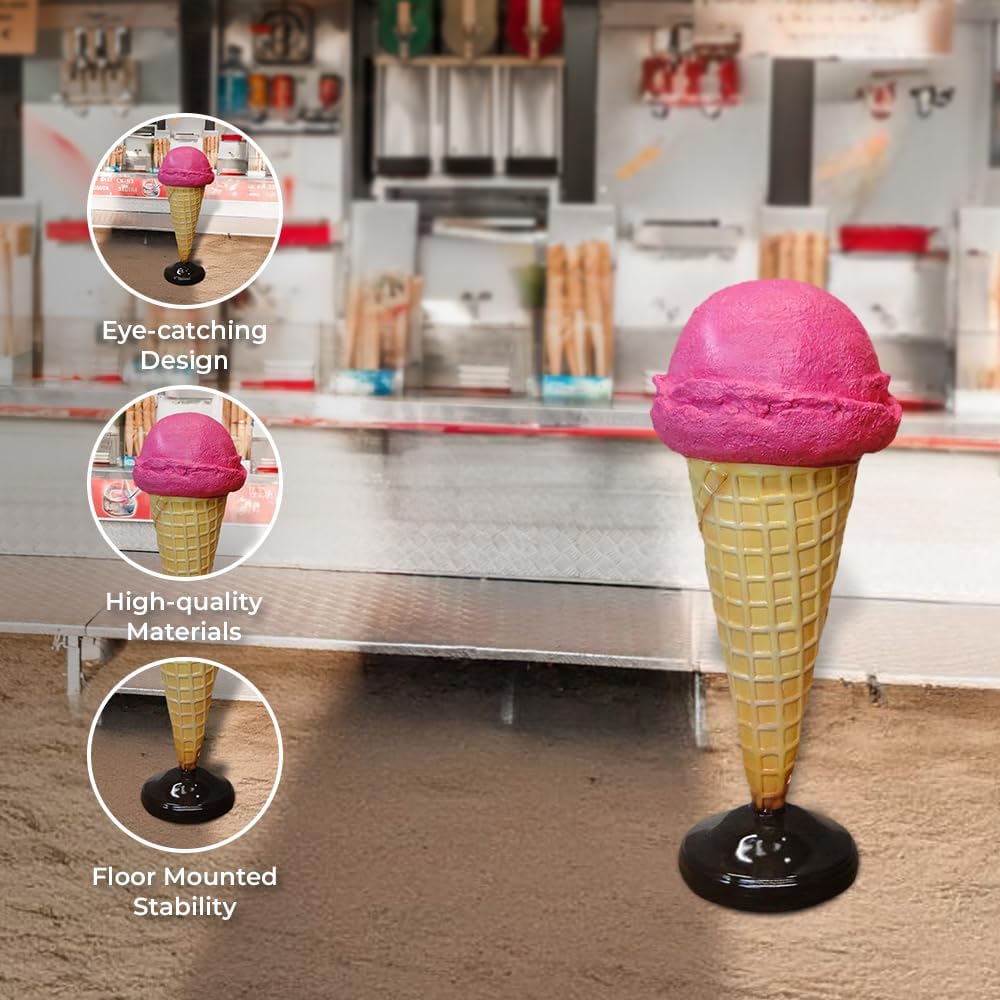 The King's Bay Strawberry Ice Cream Cone Floor Mounted Advertising Sign - 15.5 x 15.5 x 37.5 inches - Fiberglass - Retro Style - Fun Ice Cream Theme