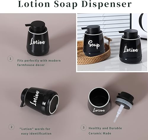 Miniatura 10 de LEETOYI Juego de dispensador de jabón y loción de cerámica con bomba de 14 onzas para baño (negro)
