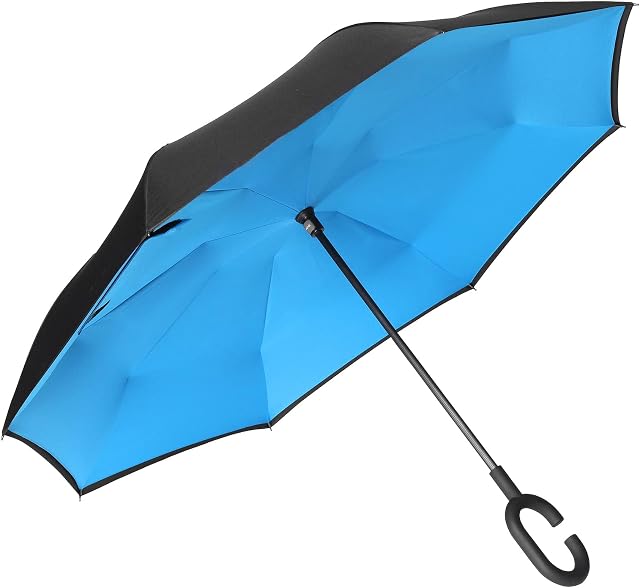 Amazon Brand - Eono Double Layer Inverted Umbrellas Reverse Folding Umbrella Self-Standing Windproof UV Protection Big Straight Travel Umbrella for Car Rain Outdoor with C-Shaped Handle - Blue
