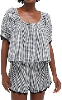 VAOYIU Two Piece Sets for Women Casual Summer Gingham Outfit Puff Sleeve Crew Neck Top Matching Shorts Set with Scalloped Hem