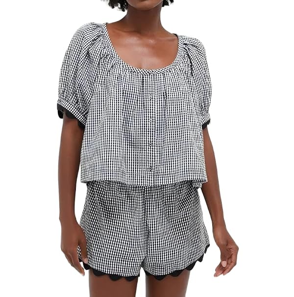 VAOYIU Two Piece Sets for Women Casual Summer Gingham Outfit Puff Sleeve Crew Neck Top Matching Shorts Set with Scalloped Hem(Gingham-L) by VAOYIU - Used condition - US$42.73