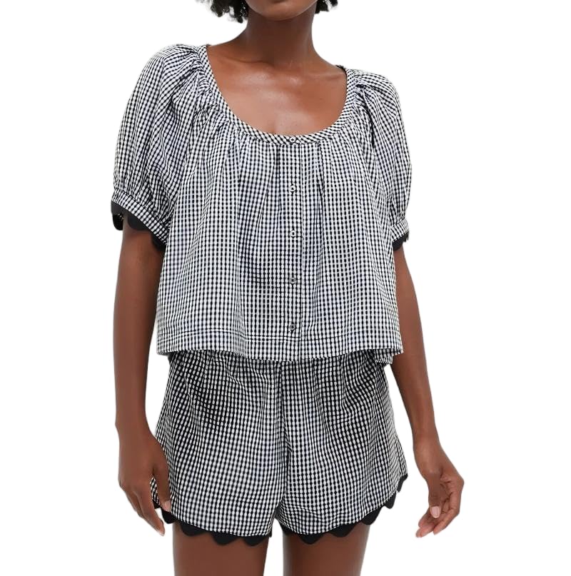 VAOYIU Women's Casual Elegance Two-Piece Linen Outfit Set with Scalloped Hem Summer Round Neck Puff Short Sleeve Top