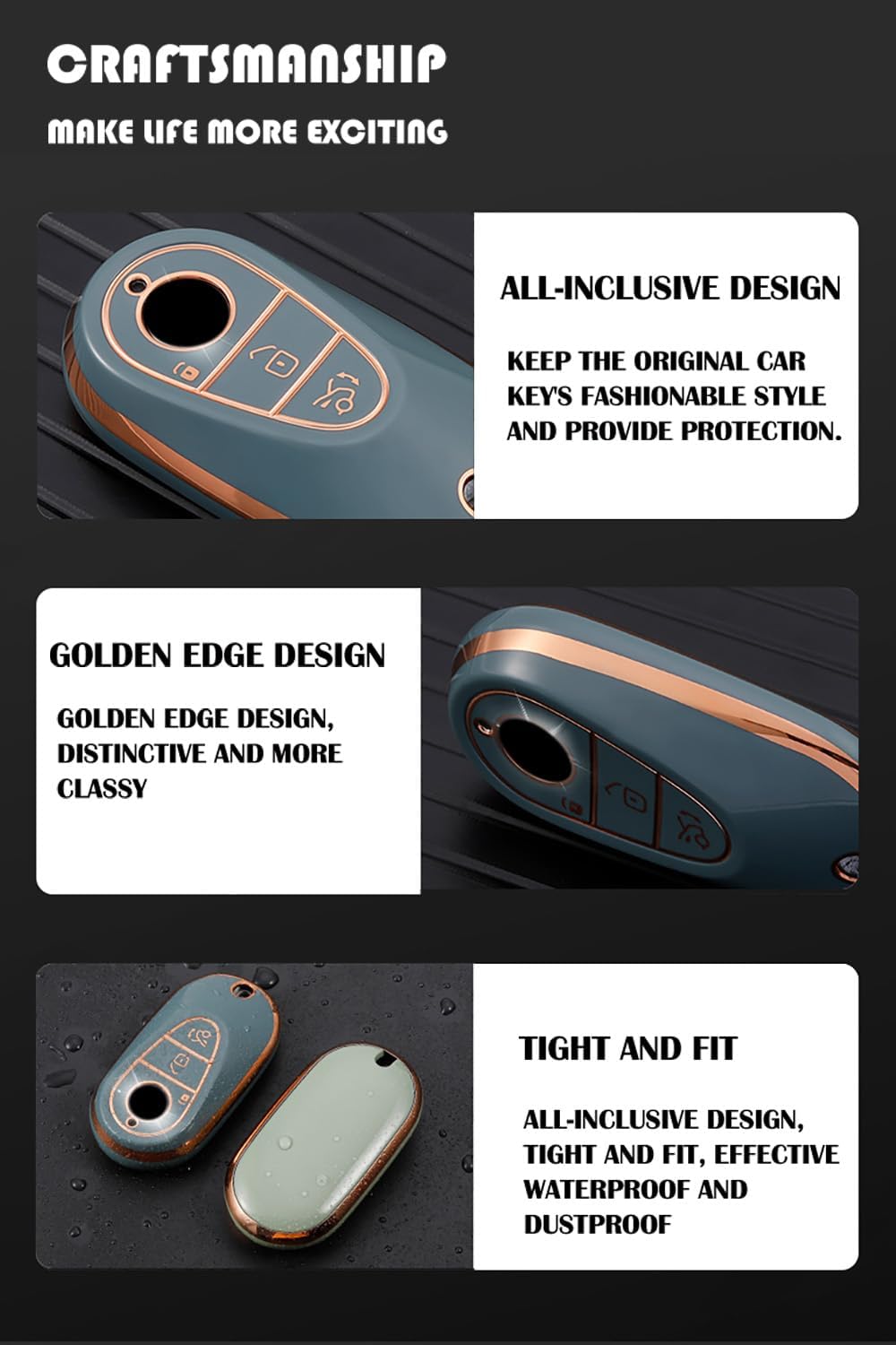 SANRILY Keyless Custom with Photos Key Fob Cover Fit for Benz EQS 450 2020-2023 GLC EQE S G E-Class Men Women Personalized Gifts Fit for Mercedes Smart Key Case with Weaving Keychain Gray-Blue