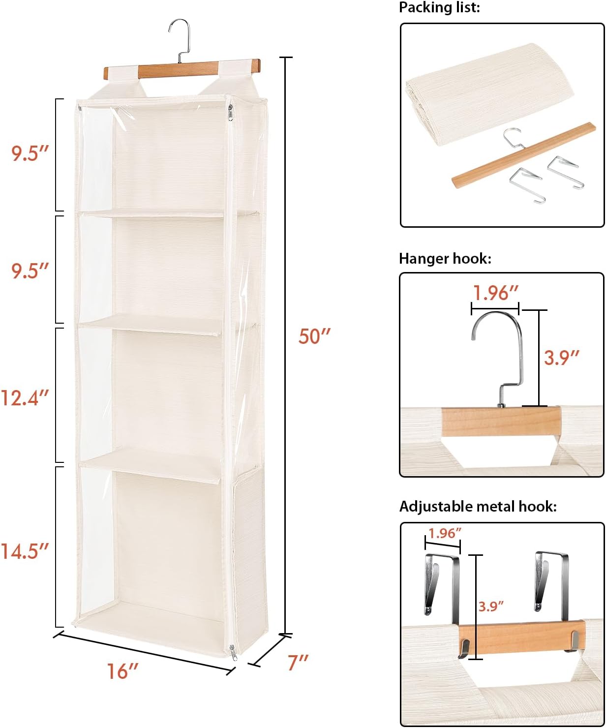 Univivi Hanging Yarn Storage Organizer with 4 Clear Compartments & Side Knitting Needles Pocket, Hanging Yarn Holder for Crochet Lovers (Beige)