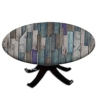 Vista 18 de Mantel redondo azul oscuro, tablones de madera con textura de tablones de imagen, pared de suelo, vida rústica de campo, borde elástico