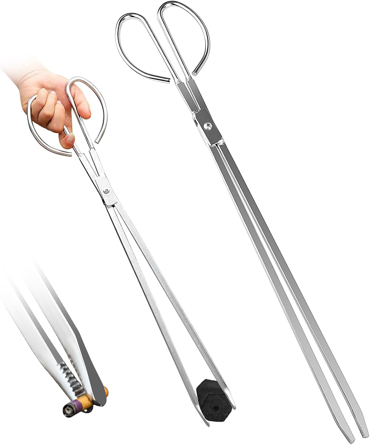 Upgrade stainless steel heavy duty long fireplace firewood campfire tongs log grabber for outside outdoor firepit fire pit pits (long 48cm)
