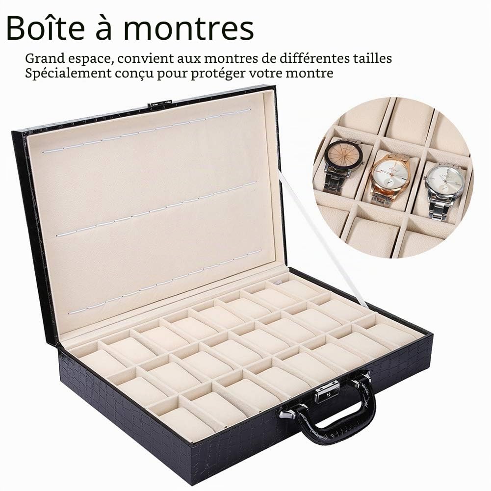 BoîTe De Rangement pour Montre 24 Grille Montre Valise en Cuir PU Grand Espace Organisateur De Montre avec Clé 16,9 x 11,4 x 3,5 Pouces