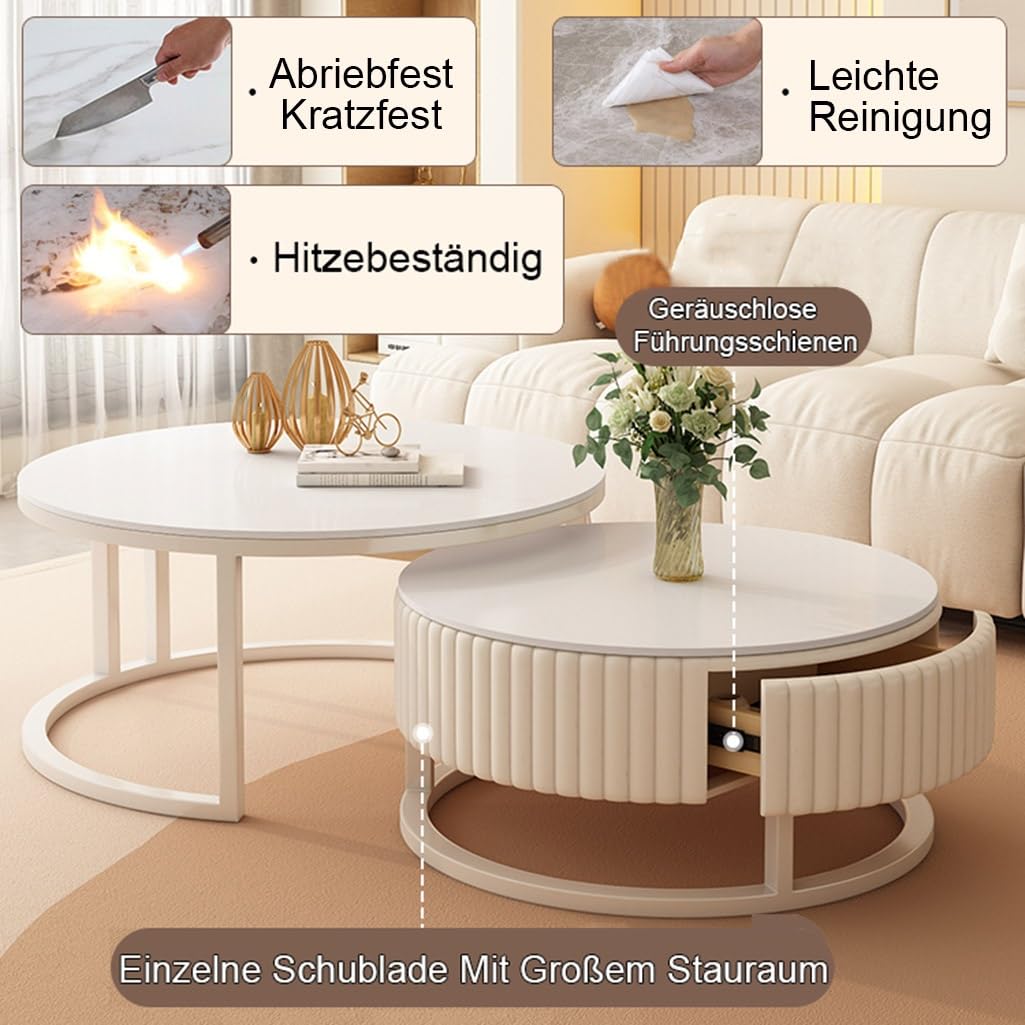 Zestaw 2 Okrągłych Stolików Kawowych Do Salonu, Stolik Boczny Biała, 50cm+70cm