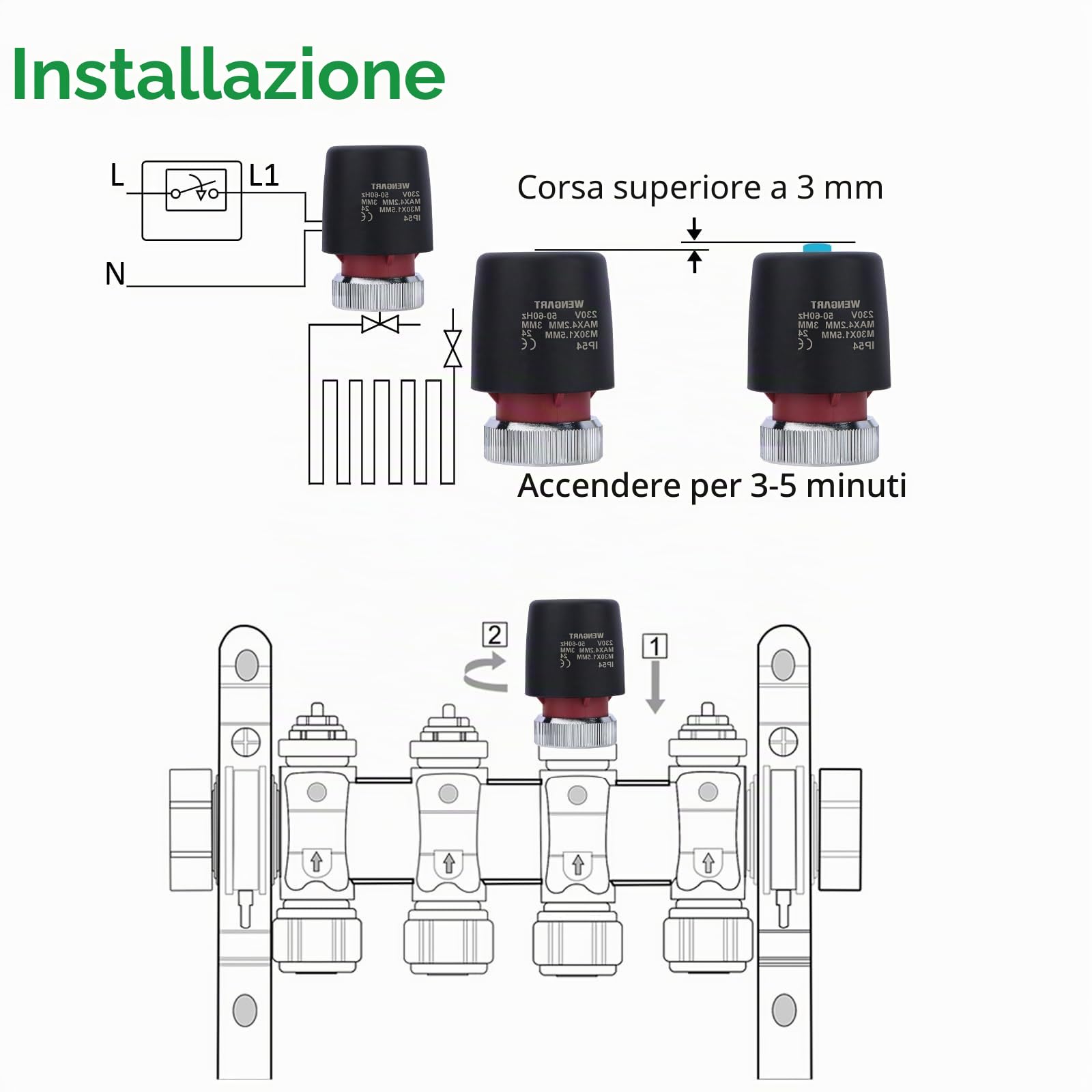 Attuatore per Riscaldamento a Pavimento Wengart WG905, Normalmente Chiuso AC230V 2W M30*1,5 2 Fili Adatto per Sistemi HVAC e Sistemi di Acqua Calda