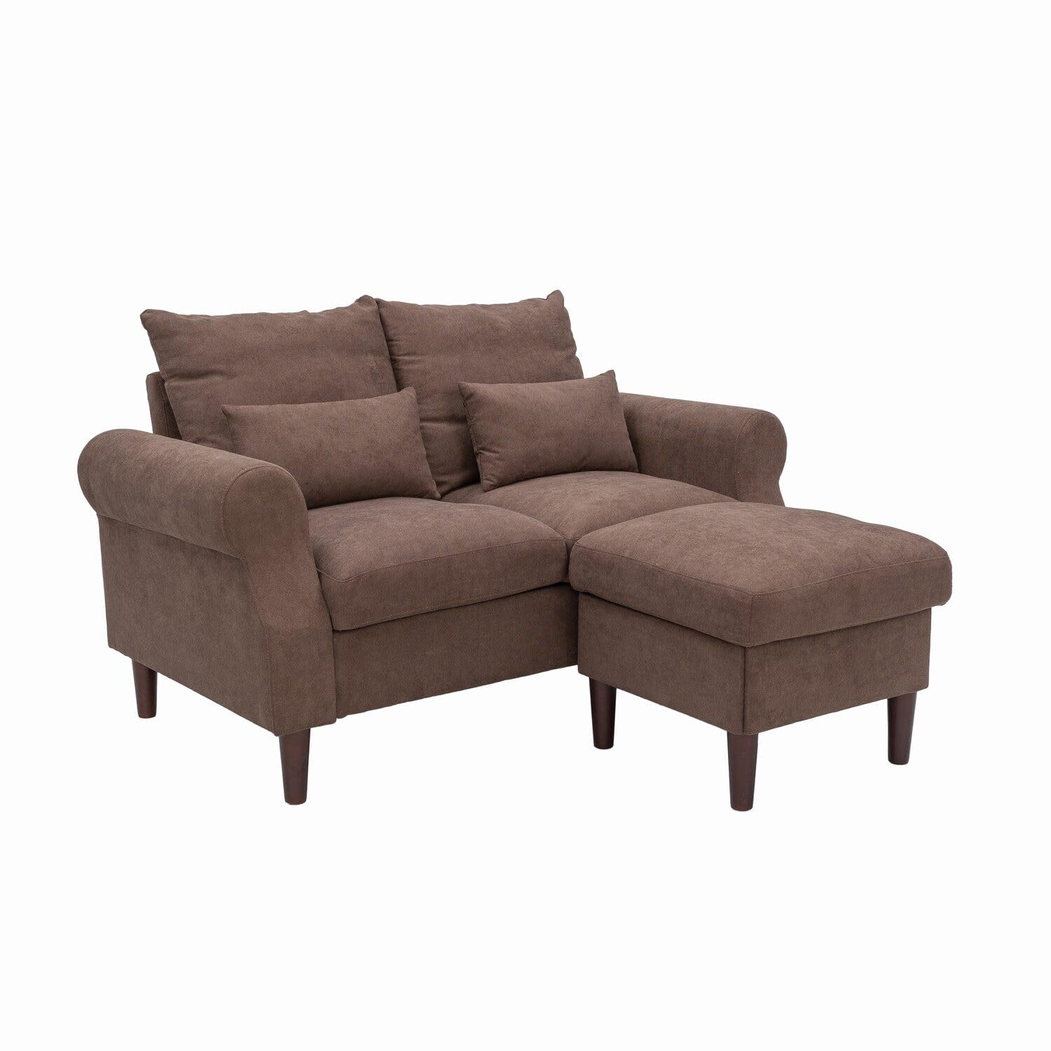 Panana 2 Seater Sofa with Ottoman Footstool, Classic Rolled Arms Couch, Solid Wood Legs Settee For Small living Room Office Lounge, Brown Linen Fabric