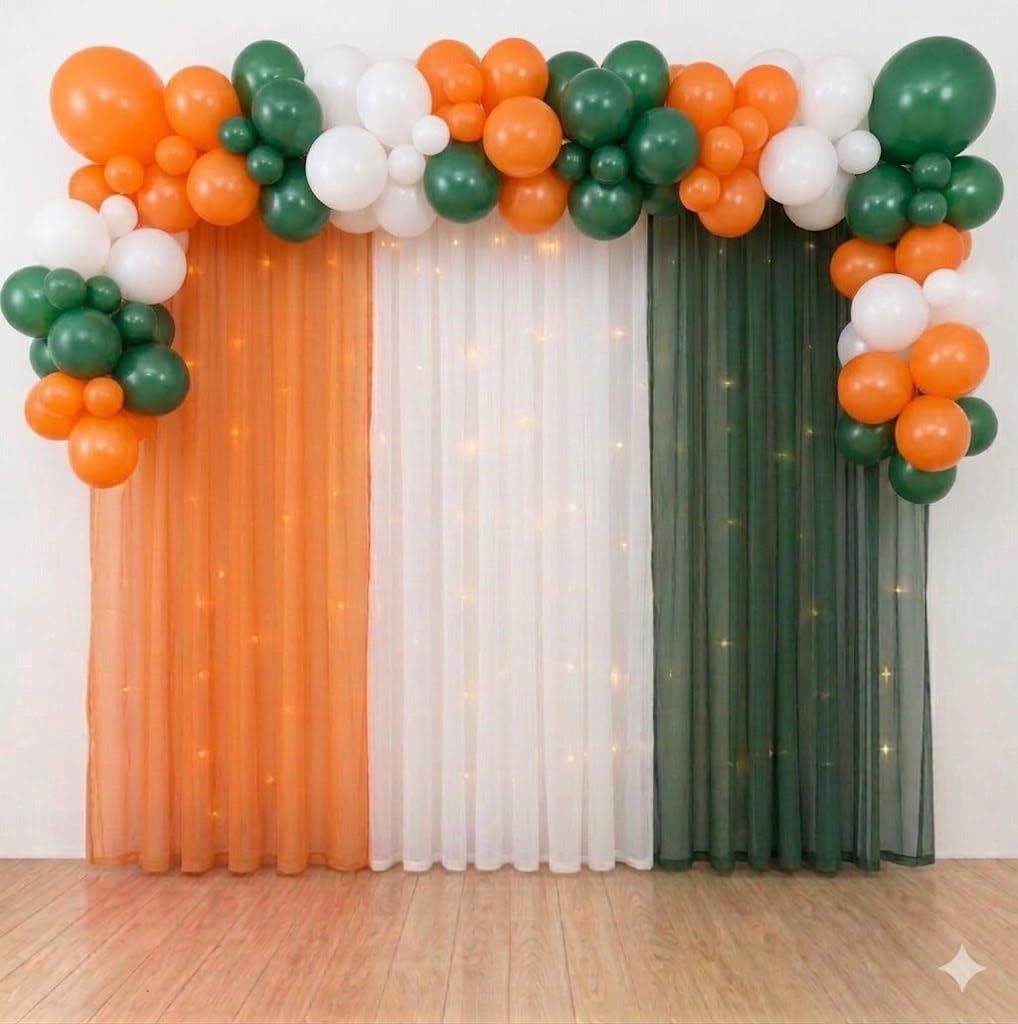 Balloon Kit with Sheer Net Cut Outs Backdrop, Orange, White and Green, Independence Day Theme-image-21