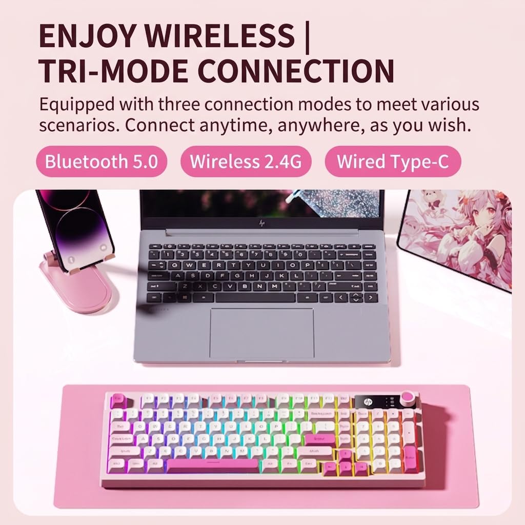 HP Wireless Gaming Keyboard K500F, 99 Keys Compact Membrane Keyboard, Tri-Mode Bluetooth & 2.4G USB, Cute Pink Round Keycaps, Quiet Typing, HP Keyboard for Laptop, Tablet & PC, Pink