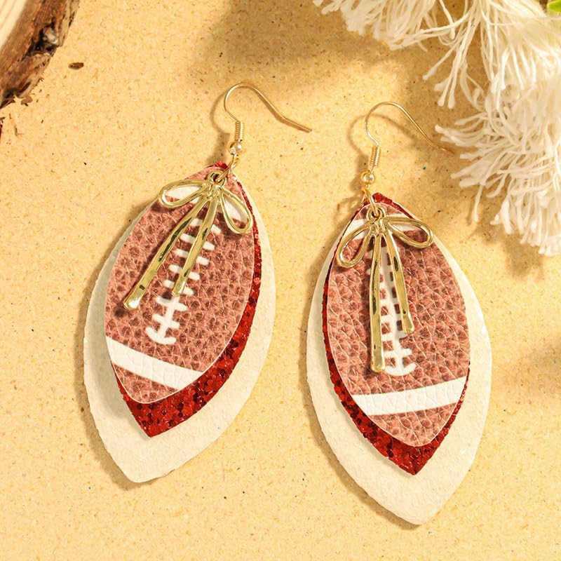 Sports Football Layered PU Leather Glitter Bowknot Drop Dangle Earrings Game Day Cheer Earrings for Women - Image 3