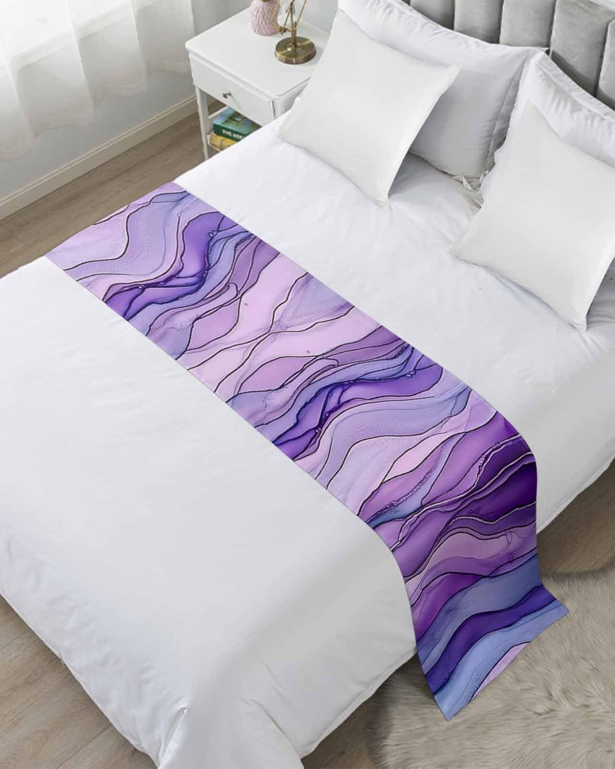 Abstract Minimalist Stripe Art Bed Runners for Bedroom Hotel,Decorative Bedding Scarf Purple Water Ripple Texture Bed End Blanket Bedding Runner Scarves for Queen Size Bed,94x20in