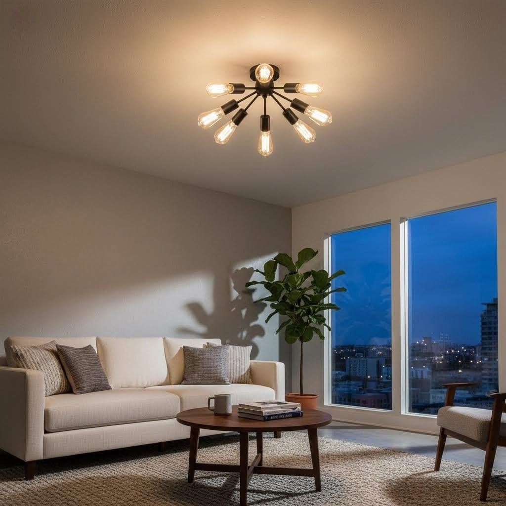 8-Light Sputnik Ceiling Light Fixture - Modern Industrial Black Chandelier, Semi Flush Mount for Kitchen, Dining Room, Bedroom, Living Room - E26 Base Compatible with LED Bulbs (Bulbs Not Included)