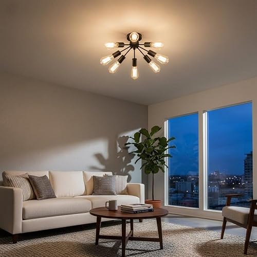 Miniatura 6 de Lámpara de techo Sputnik de 8 luces, moderna lámpara industrial negra, montaje semiempotrado para cocina, comedor, dormitorio, sala de estar, base