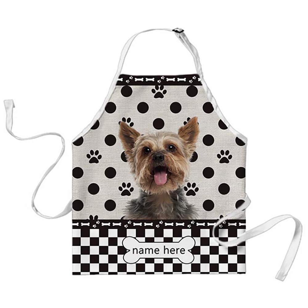 BAGEYOU Personalized Polka Dots and Plaid Checkered Apron with Funny Dog Yorkshire Terrier Yorkie Chef Kitchen Cooking Arpon for Men Women