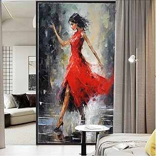 Contemporary Women Stained Glass Window Film Black Heels Red Dress Abstract Dance Privacy Window Film Glass Door Covering Non-Adhesive Window Stickers for Bathroom Kitchen 17.7Wx23.6L