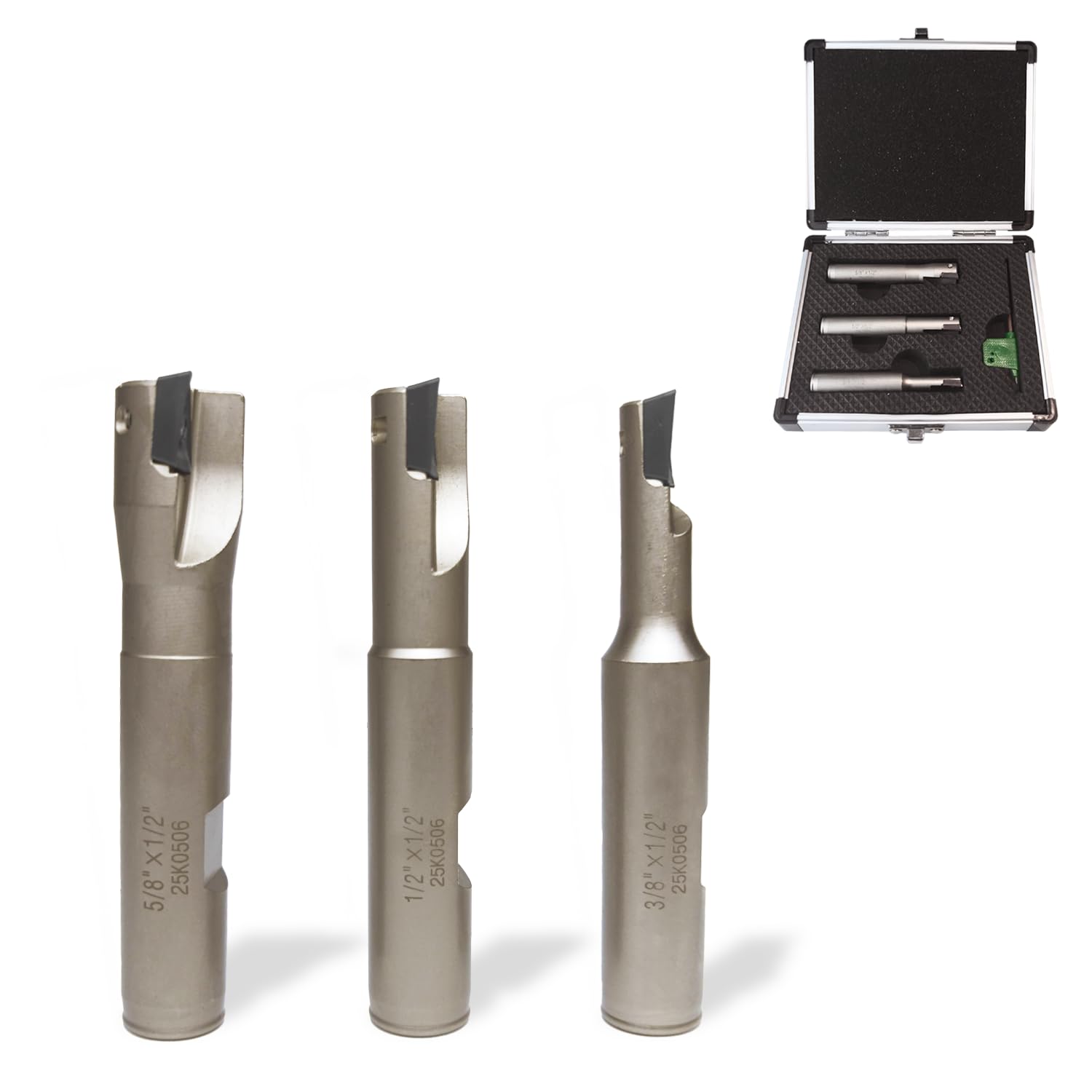 3 Pieces 1/2" Shank 90° Square Shoulder Indexable End Mill Set with APKT1003 Carbide Inserts, 3/8", 1/2", 5/8" Cutting Diameter 3" Length