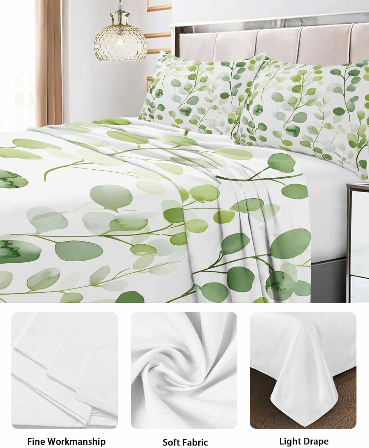 Queen Top Sheet Bedding Flat Sheet Only, Summer Ombre Farmhouse Leaves Soft Microfiber Bed Sheets Hotel Luxury, Modern Minimalist Style Breathable Top Sheets Easy Care