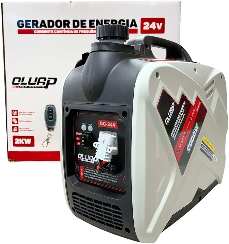 Gerador de Energia 24V 2000W para Caminhão e Motorhome Partida Elétrica, Controle Remoto, Tanque 7L, Baixo Ruído Oluap