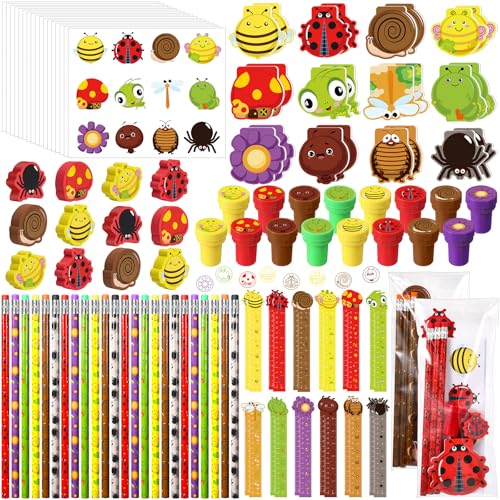 Chrisfall 168 Pcs Insect Party Favors Set Bee Ladybug Frog Snail Mushroom Flower Theme Stationery Kit with Pencils Notepads Stampers Rulers Erasers Stickers Gift Bags Bug Party Supplies for Birthday