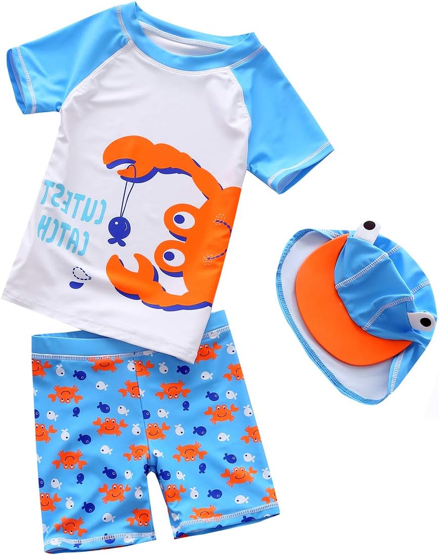 Baby Toddler Boys Two Pieces Swimsuit Set Swimwear Dinosaur Bathing Suit Rash Guards with Hat UPF 50+