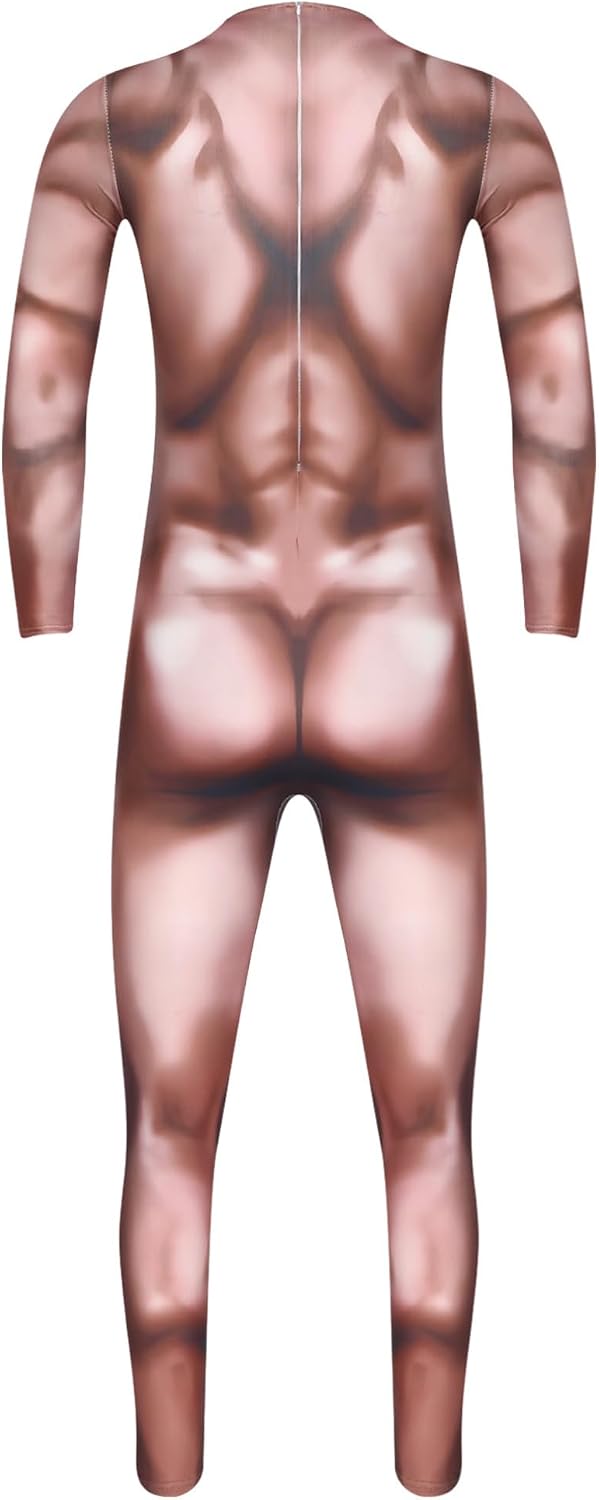 Agoky Adult Mens Funny 3D Muscle Print Costumes Bodysuit Zebra Pattern Zentai Jumpsuit Rave Outfits