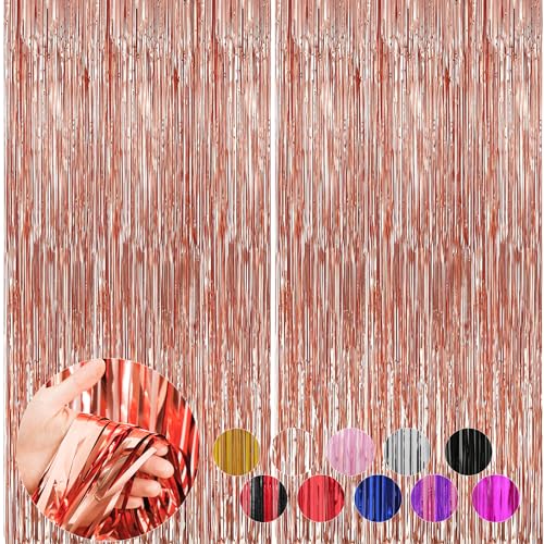Image of 2 Pack Rose Gold Foil Fringe Curtains Streamers Party Decorations 3.3 x 8.2 ft, Tinsel Curtain Fringe Backdrop for Parties, Door Fringe Birthday Streamers, Photo Booth Backdrops, Party Decor