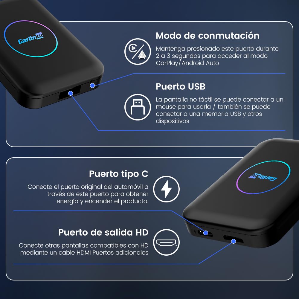 Adaptador 3en1 CarlinKit AIBOX-Lite，Soporta Sistema Android/CarPlay inalámbrico y función de Pantalla de Salida inalámbrica Android Auto/HD,Trae visualización de vídeo como Youtube,Netflix.