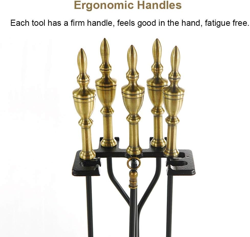 5Pcs Forged Fireplace Tools Brassy Gold Handle Wrought Iron Fire Tool Set and Black Holder Outdoor Fireset Fire Pit Stand