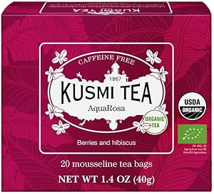KUSMI TEA AquaRosa - Caffeine Free Organic Herbal Tea - Flavored with Hibiscus & Berries, 20 bags (40g)
