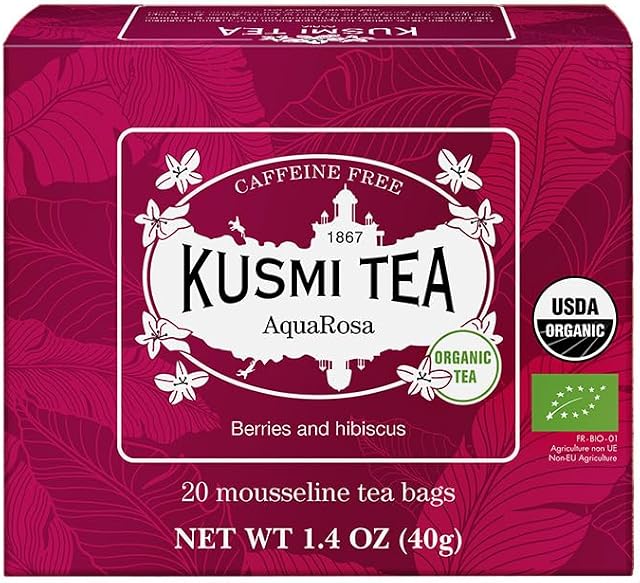 KUSMI TEA AquaRosa - Caffeine Free Organic Herbal Tea - Flavored with Hibiscus & Berries, 20 bags (40g)