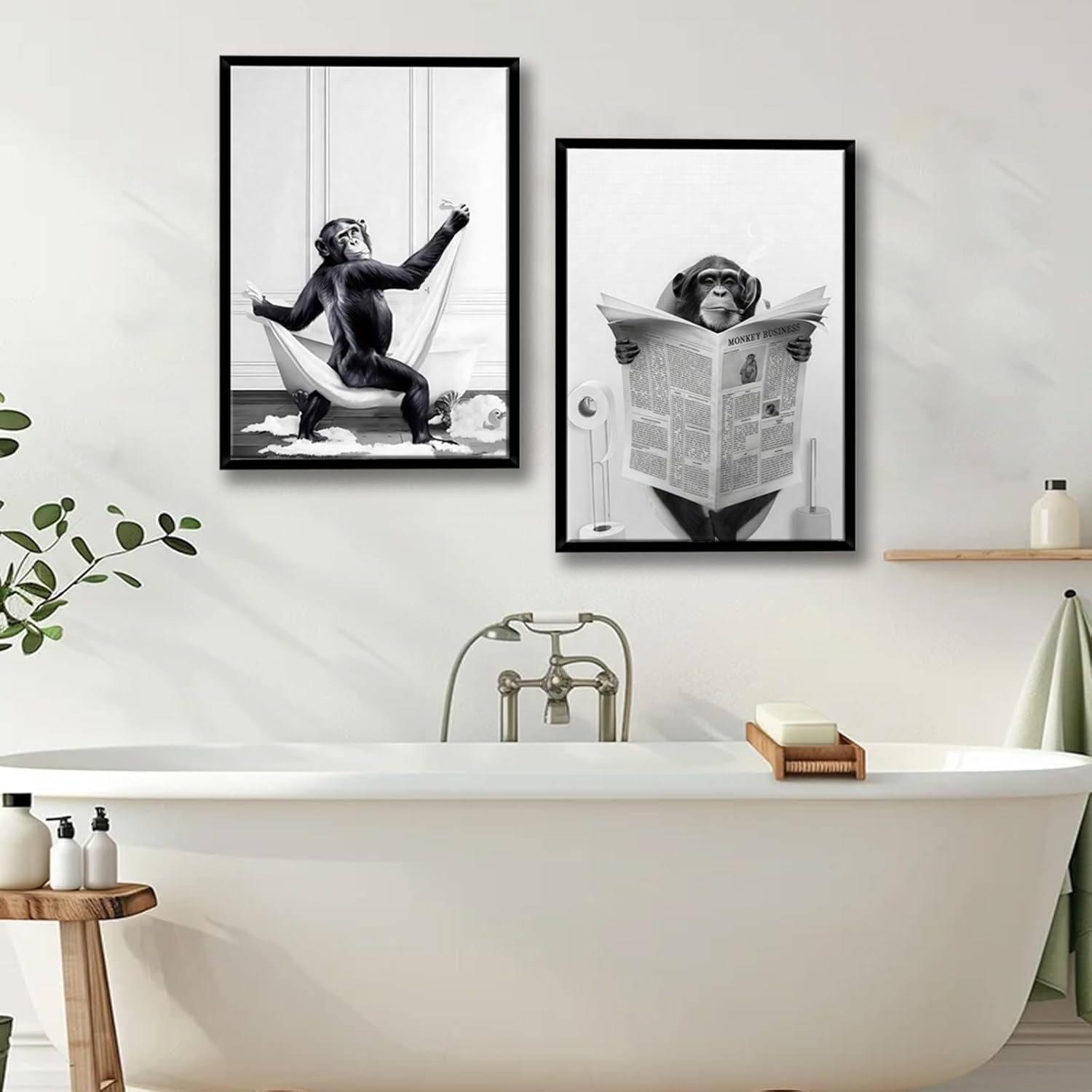 Framed 2 Pcs Bathroom Wall Art Funny Monkey Painting Poster Black and White Canvas Print Fun Animal Picture Bedroom Kids Bathroom Study Country Farmhouse Decor Ready to Hang 16" x 24"