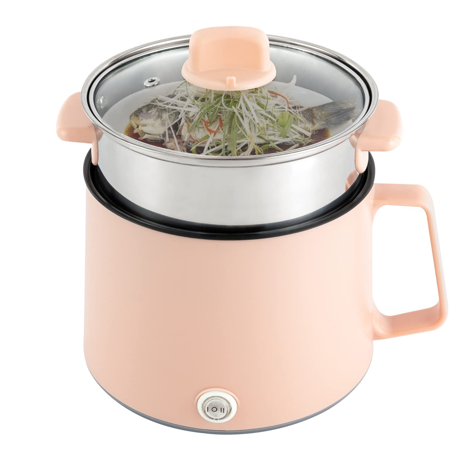 Olla eléctrica, 600 W, olla caliente Ramen Cooker, olla antiadherente con cesta de vapor, sartén multifunción eléctrica portátil para hogar, oficina y dormitorio (rosa)