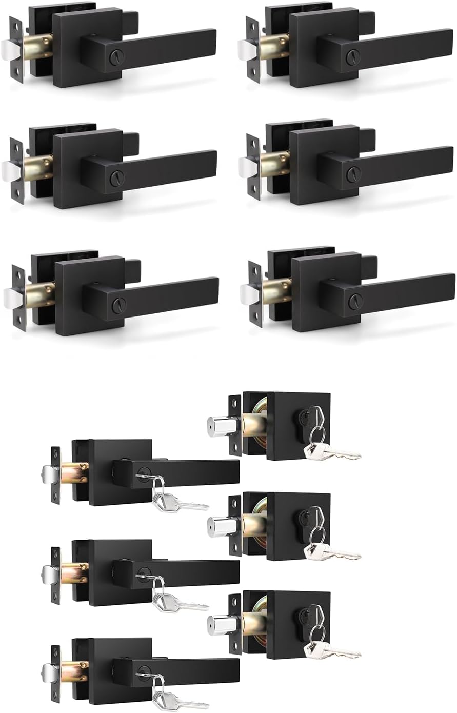 KNOBWELL 6 Pack Privacy Door Handles and 3 Pack Door Handle and Deadbolt Set Heavy Duty Door Knob with Handles Modern Matte Black Door Handles