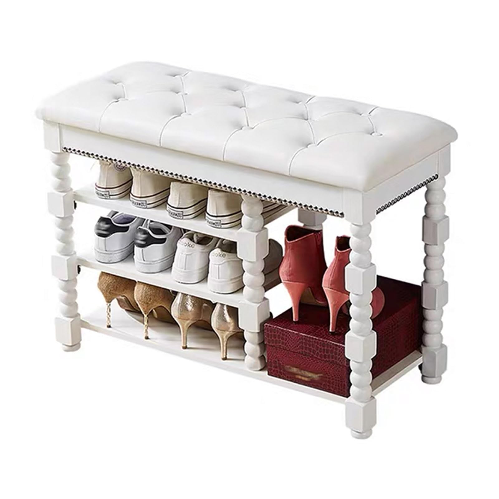 GDMDPTE Multi-Functional Shoe Rack Bench with Cushion Adjustable Shelves Flip Lid Storage Solid Wood Shoe nizer for Entryway - Stylish White 31.5" Size