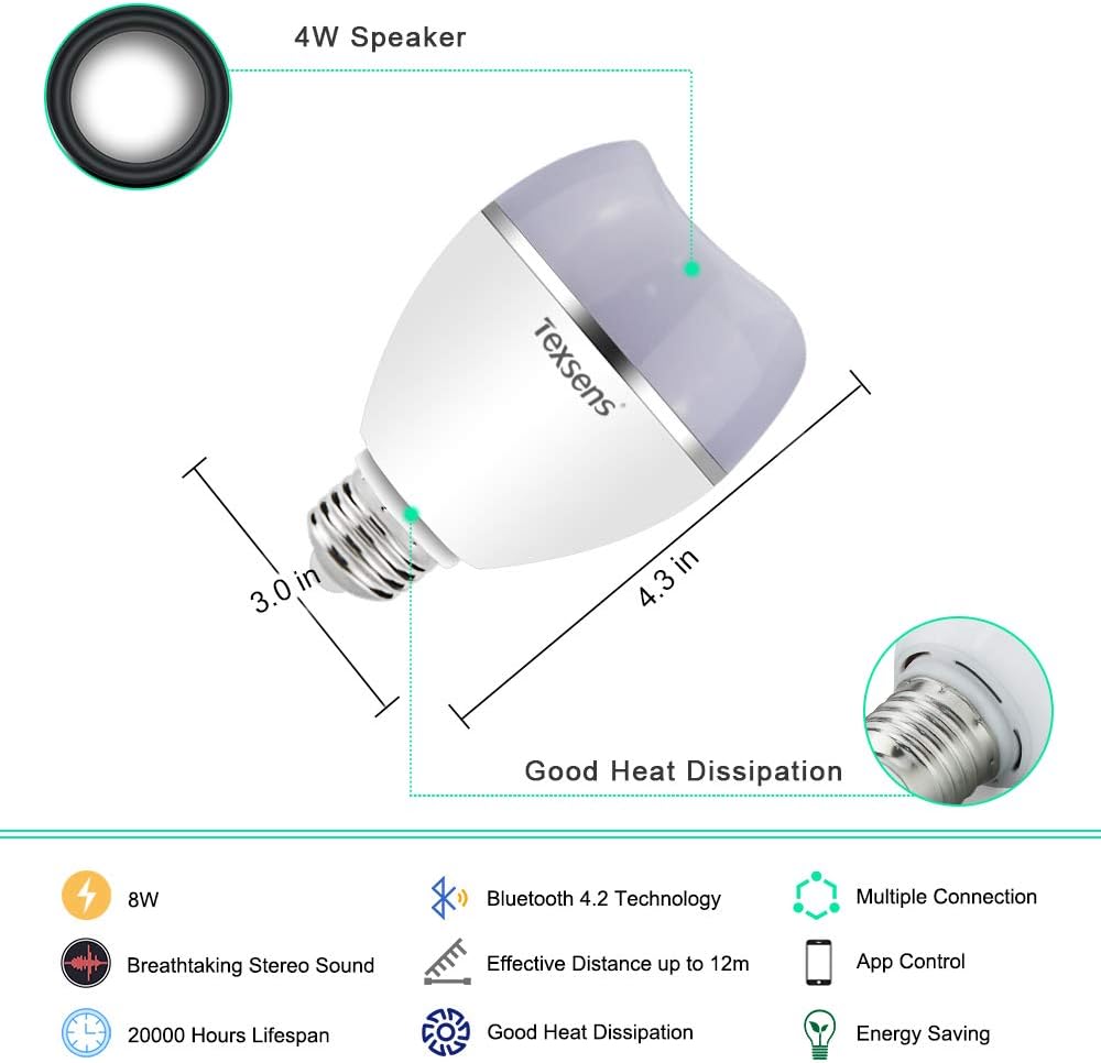 Texsens LED Bluetooth Light Bulb Speaker, Multi-Connected Music Bulbs, 8W E26 RGB + Warm White Color Changing Lamp with APP Control - Play Music Synchronously(1 Pack)