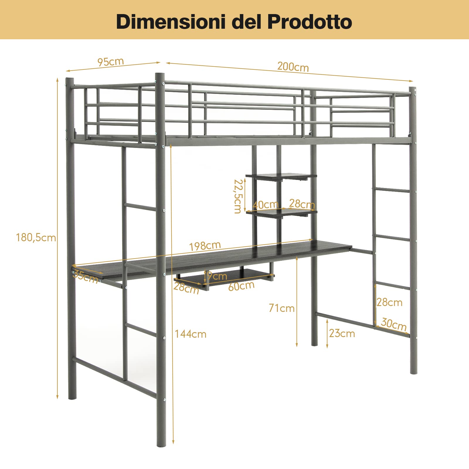COSTWAY Letto a Soppalco in Metallo, Struttura del Letto Salvaspazio con 2 Scale e Scrivania, Letto a Doghe Ideale per Adolescenti e Adulti, 200x95x180,5 cm (Argento)